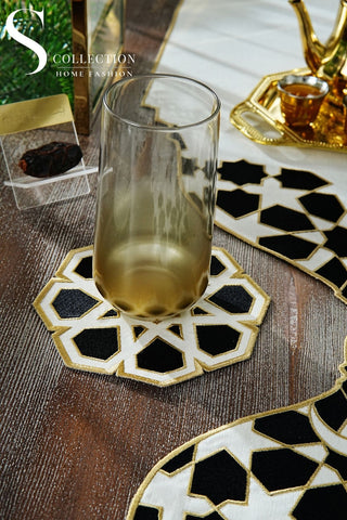 Ramadan Dome Design Black and Gold Full Placemat Set - With Bread Basket Napkin and Runner - 6 Persons - 26 Pcs.