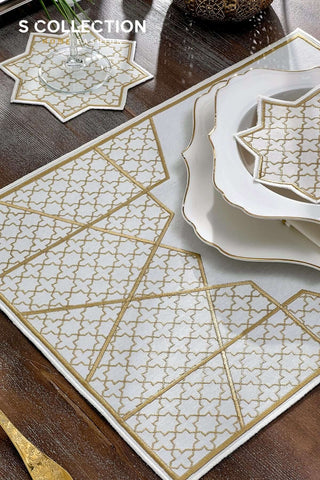 Rimal Gold Design Placemat Set - Waterproof Fabric - 6 Persons - 18 Pcs. Full Set