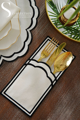 طقم مفارش سفرة - تصميم جوري - تطريز أسود - قماش مقاوم للماء - ٦ اشخاص - ٢٤ قطعة - طقم كامل  