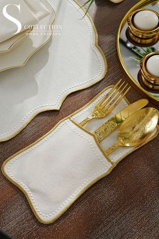 Alice Gold and Off White Design Placemat Set - Waterproof Fabric - 6 Persons - 24 Pcs. Full Set