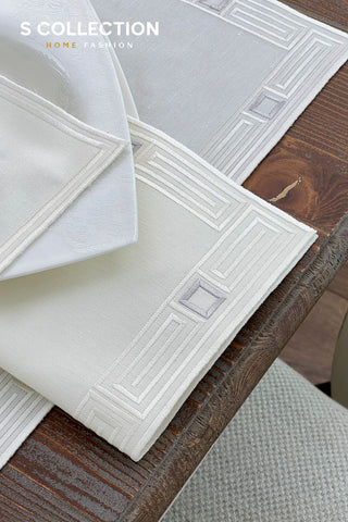 Tuscan Off White and Silver Design Placemat Set - 6 Persons - Waterproof Fabric - 24 Pcs. Full Set