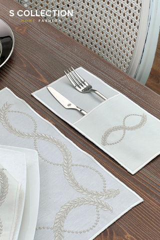 Olive Branch Shine Silver Design Placemat Set - Waterproof Fabric - 6 Persons - 24 Pcs. Full Set