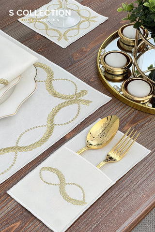 Olive Branch Gold Design Placemat Set - Waterproof Fabric - 6 Persons - 24 Pcs. Full Set