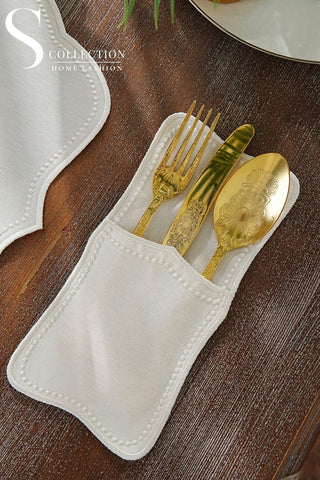 Alice Off White Design Placemat Set - Waterproof Fabric - 6 Persons - 24 Pcs. Full Set