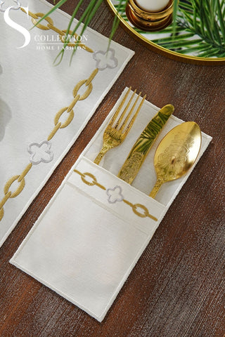 Cadena Gold Border - Silver Design Placemat Set - 6 Persons - Waterproof Fabric - 24 Pcs. Full Set