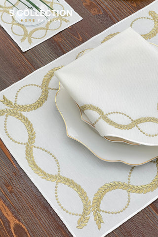 Olive Branch Gold Design Placemat Set - Waterproof Fabric - 6 Persons - 24 Pcs. Full Set