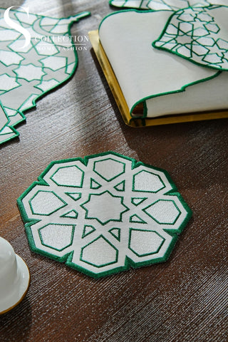 Ramadan Dome Design Green and Off White Full Placemat Set - With Bread Basket Napkin and Runner - 6 Persons - 26 Pcs.