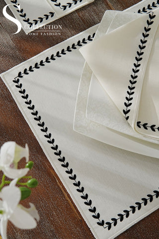 Leafy Allure Cornered Black Design Placemat Set - Waterproof Fabric - 6 Persons - 24 Pcs. Full Set