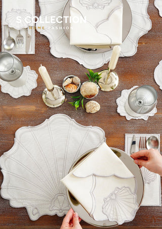 طقم مفارش سفرة - تصميم مارين - تطريز فضى - قماش مقاوم للماء - ٦ اشخاص - ٢٤ قطعة - طقم كامل  