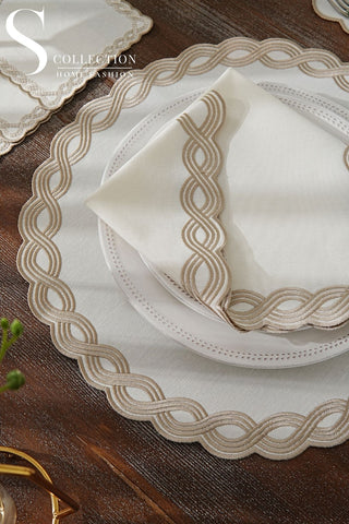 Ocean Braid Cappuccino Design Placemat Set - Waterproof Fabric - 6 Persons - 24 Pcs. Full Set