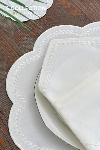 Leafy Allure Off White Design Placemat Set - Waterproof Fabric - 6 Persons - 24 Pcs. Full Set