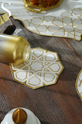 Ramadan Dome Design Gold and Off White Full Placemat Set - With Bread Basket Napkin and Runner - 6 Persons - 26 Pcs.