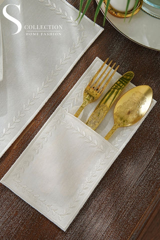 Leafy Allure Cornered Off White Design Placemat Set - Waterproof Fabric - 6 Persons - 24 Pcs. Full Set