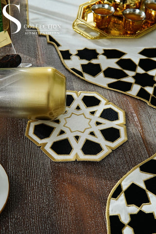 Ramadan Dome Design Black and Gold Full Placemat Set - With Bread Basket Napkin and Runner - 6 Persons - 26 Pcs.