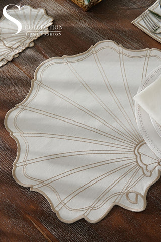 طقم مفارش سفرة - تصميم مارين - تطريز بنى فاتح (كابتشينو) - قماش مقاوم للماء - ٦ اشخاص - ٢٤ قطعة - طقم كامل  