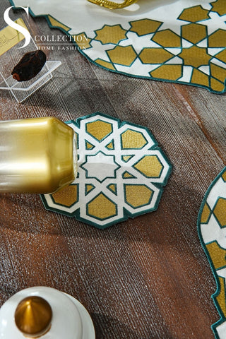 Ramadan Dome Design Green and Gold Full Placemat Set - With Bread Basket Napkin and Runner - 6 Persons - 26 Pcs.