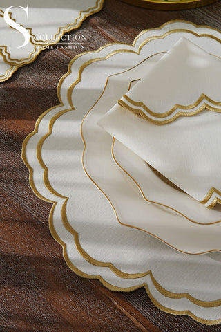 طقم مفارش سفرة - تصميم جوري - تطريز ذهبى - قماش مقاوم للماء - ٦ اشخاص - ٢٤ قطعة - طقم كامل  