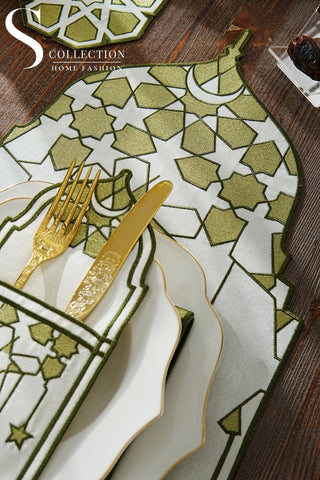 طقم مفارش سفرة - تصميم قبة رمضان - تطريز  أخضر زيتونى -  قماش مقاوم للماء -  ٦ أشخاص - ٢٤ قطعة - طقم كامل