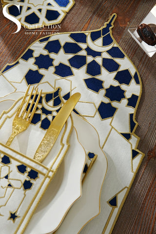 طقم مفارش سفرة - تصميم قبة رمضان - تطريز أزرق وذهبى -  قماش مقاوم للماء -  ٦ أشخاص - ٢٤ قطعة - طقم كامل