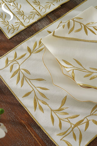 Gold Flower Design Placemat Set - Waterproof Fabric - 6 Persons - 24 Pcs. Full Set