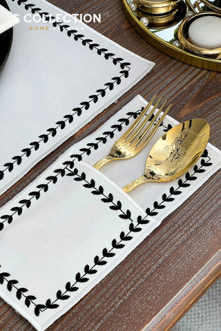 Leafy Allure Cornered Black Design Placemat Set - Waterproof Fabric - 6 Persons - 24 Pcs. Full Set