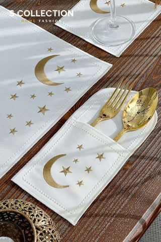 Ramadan Design Gold Luna Placemat Set - Waterproof Fabric - 6 Persons - 24 Pcs. Full Set