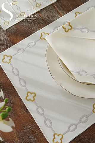 Cadena Silver Border - Gold Design Placemat Set - 6 Persons - Waterproof Fabric - 24 Pcs. Full Set