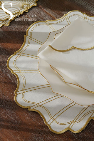 طقم مفارش سفرة - تصميم مارين - تطريز ذهبى - قماش مقاوم للماء - ٦ اشخاص - ٢٤ قطعة - طقم كامل  