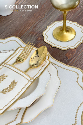 Laurel Wreath Gold Design Placemat Set - Waterproof Fabric - 6 Persons - 24 Pcs. Full Set