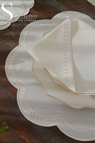 Leafy Allure Off White Design Placemat Set - Waterproof Fabric - 6 Persons - 24 Pcs. Full Set