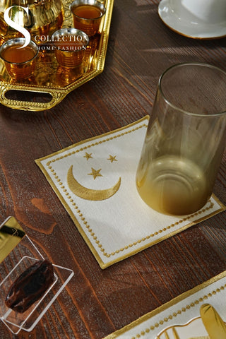 طقم مفارش سفرة - تصميم جلامورس رمضان - تطريز ذهبى - قماش مقاوم للماء - ٦ اشخاص - ٢٤ قطعة - طقم كامل  