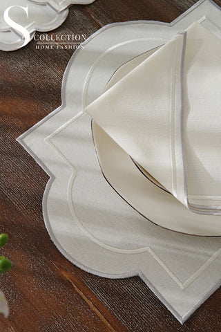 Milan Silver and Off White Design Placemat Set - Waterproof Fabric - 6 Persons - 24 Pcs. Full Set