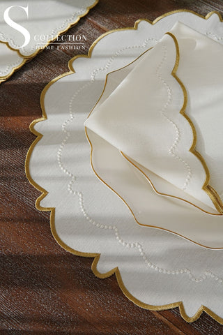 Tansy Gold and Off White Design Placemat Set - Waterproof Fabric - 6 Persons - 24 Pcs. Full Set