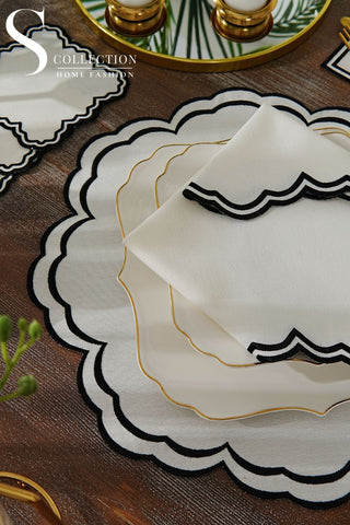 طقم مفارش سفرة - تصميم جوري - تطريز أسود - قماش مقاوم للماء - ٦ اشخاص - ٢٤ قطعة - طقم كامل  