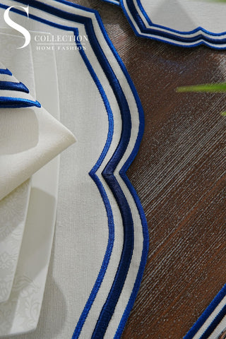 طقم مفارش سفرة - تصميم مونرايز - تطريز ازرق - قماش مقاوم للماء - ٦ اشخاص - ٢٤ قطعة - طقم كامل  