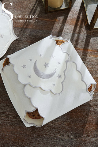 Ramadan Silver Glamorous Design Full Placemat Set - With Bread Basket Napkin and Runner - 6 Persons - 26 Pcs.