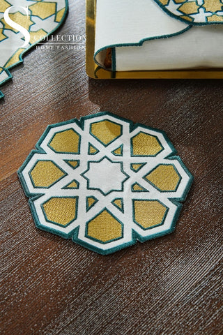 Ramadan Dome Design Green and Gold Full Placemat Set - With Bread Basket Napkin and Runner - 6 Persons - 26 Pcs.