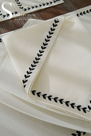 Leafy Allure Cornered Black Design Placemat Set - Waterproof Fabric - 6 Persons - 24 Pcs. Full Set