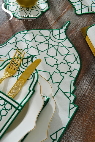 Ramadan Dome Design Green and Off White Full Placemat Set - With Bread Basket Napkin and Runner - 6 Persons - 26 Pcs.