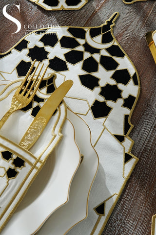 Ramadan Dome Design Black and Gold Full Placemat Set - With Bread Basket Napkin and Runner - 6 Persons - 26 Pcs.