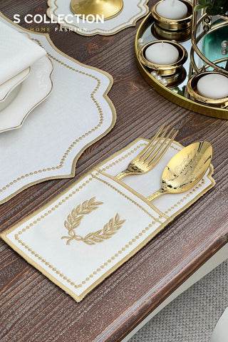 Laurel Wreath Gold Design Placemat Set - Waterproof Fabric - 6 Persons - 24 Pcs. Full Set