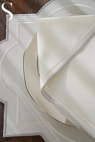 Milan Silver and Off White Design Placemat Set - Waterproof Fabric - 6 Persons - 24 Pcs. Full Set