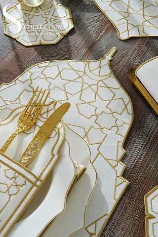 Ramadan Dome Design Gold and Off White Full Placemat Set - With Bread Basket Napkin and Runner - 6 Persons - 26 Pcs.