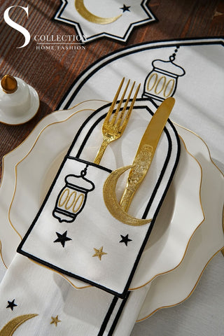 Ramadan Qamar Design Black and Gold Placemat Set - Waterproof Fabric - 6 Persons - 24 Pcs. Full Set