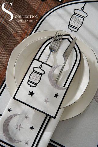 Ramadan Qamar Design Black and Silver Placemat Set - Waterproof Fabric - 6 Persons - 24 Pcs. Full Set