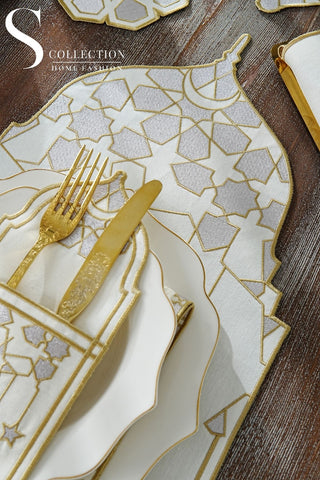 Ramadan Dome Design Silver and Gold Full Placemat Set - With Bread Basket Napkin and Runner - 6 Persons - 26 Pcs.