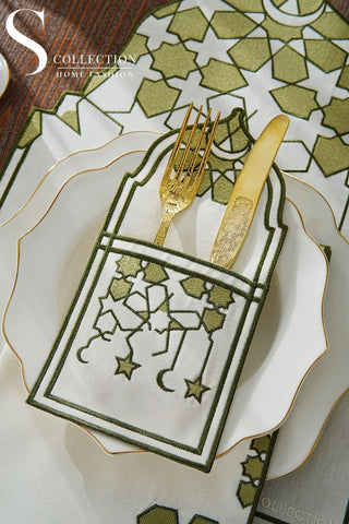 طقم مفارش سفرة - تصميم قبة رمضان - تطريز  أخضر زيتونى -  قماش مقاوم للماء -  ٦ أشخاص - ٢٤ قطعة - طقم كامل