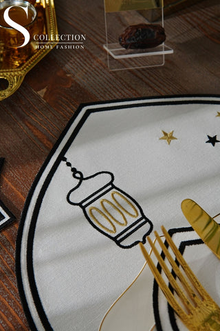 Ramadan Qamar Design Black and Gold Placemat Set - Waterproof Fabric - 6 Persons - 24 Pcs. Full Set