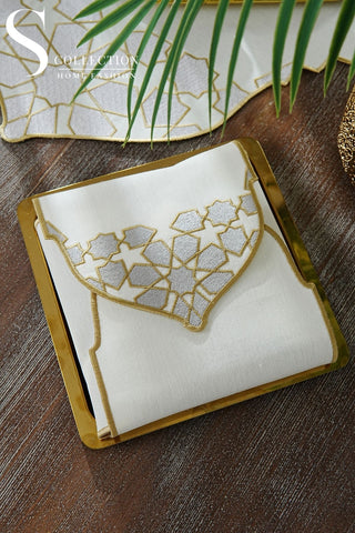 Ramadan Dome Design Silver and Gold Full Placemat Set - With Bread Basket Napkin and Runner - 6 Persons - 26 Pcs.