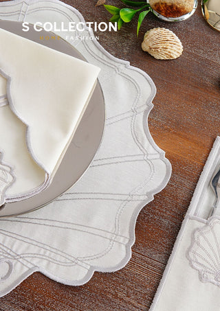 طقم مفارش سفرة - تصميم مارين - تطريز فضى - قماش مقاوم للماء - ٦ اشخاص - ٢٤ قطعة - طقم كامل  